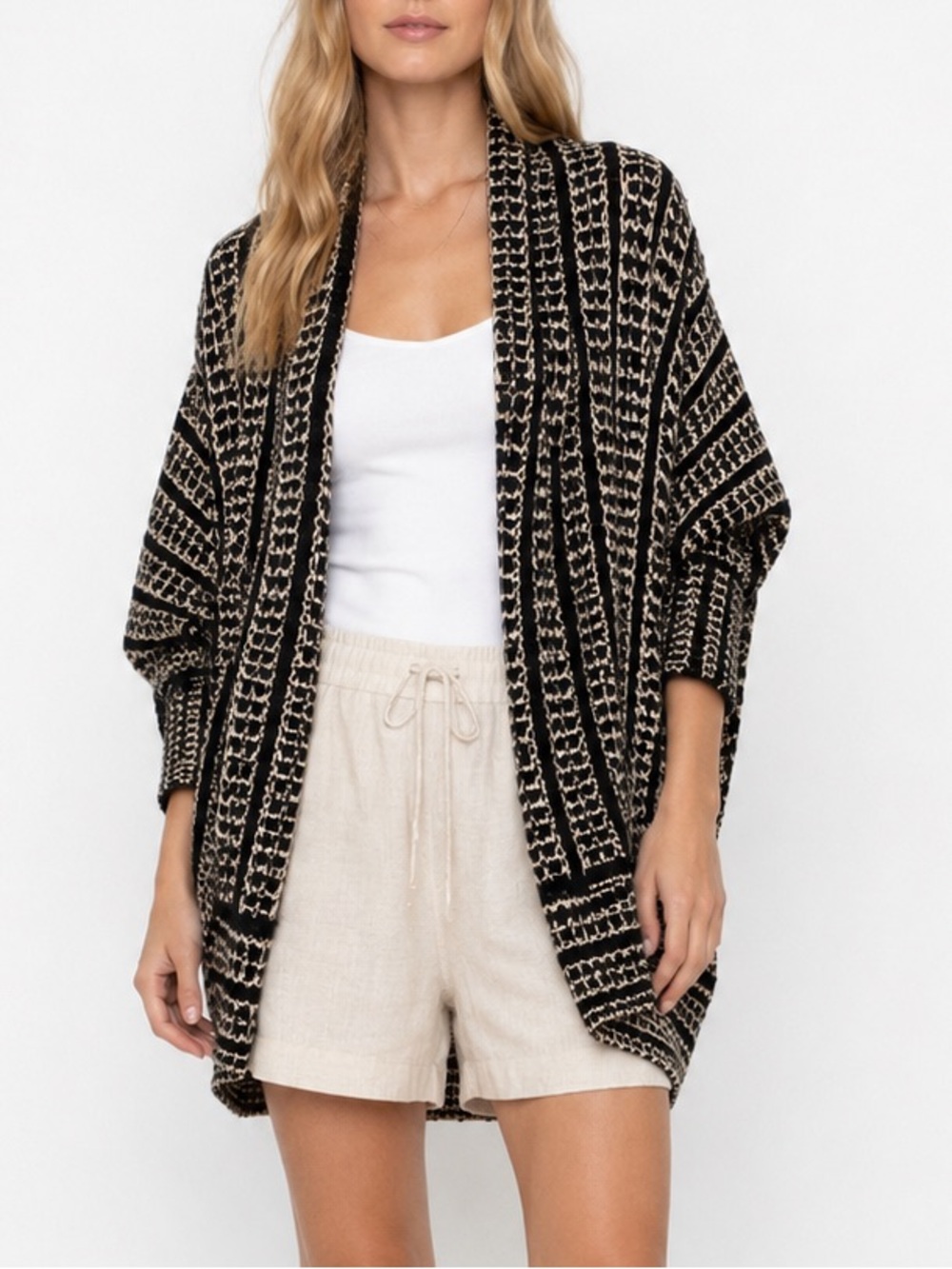 Anthropologie Moth Black & Ivory Open Knit Cocoon Cardigan Sweater Oversized